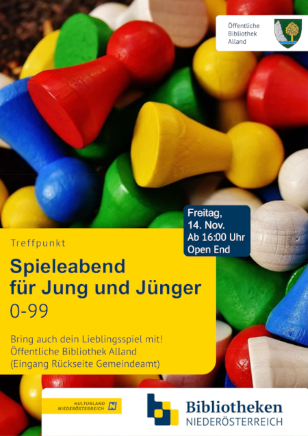 Plakat: Spieleabend Bibliothek Alland